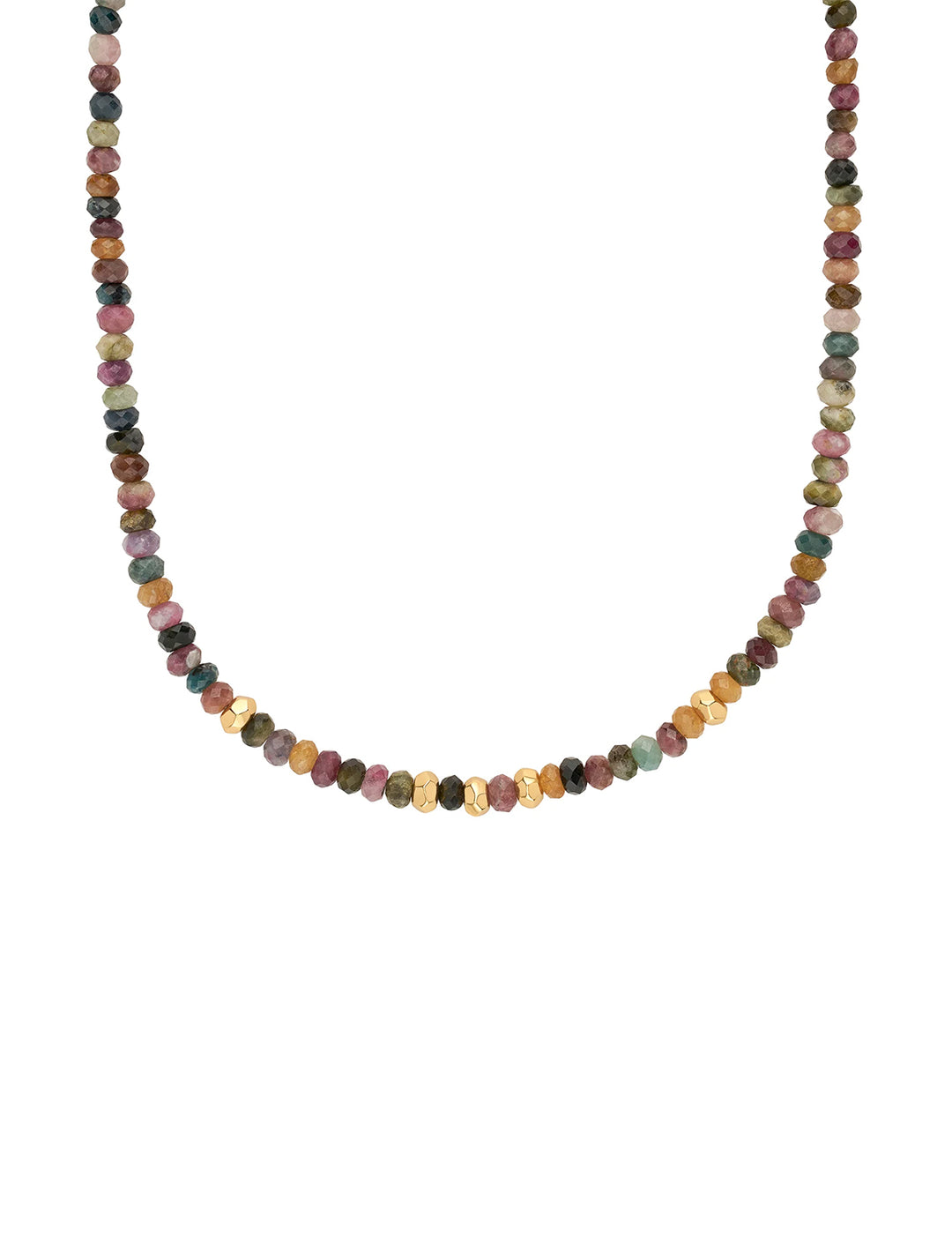 Front view of Anna Beck's beaded tourmaline necklace with gold bead accents.