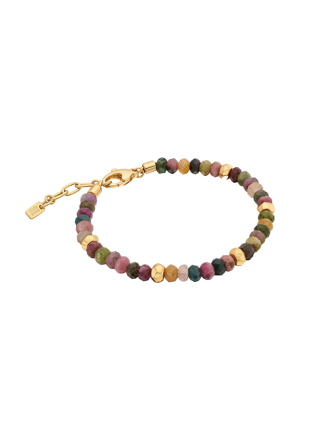 Front view of Anna Beck's beaded tourmaline bracelet with gold accent beads.