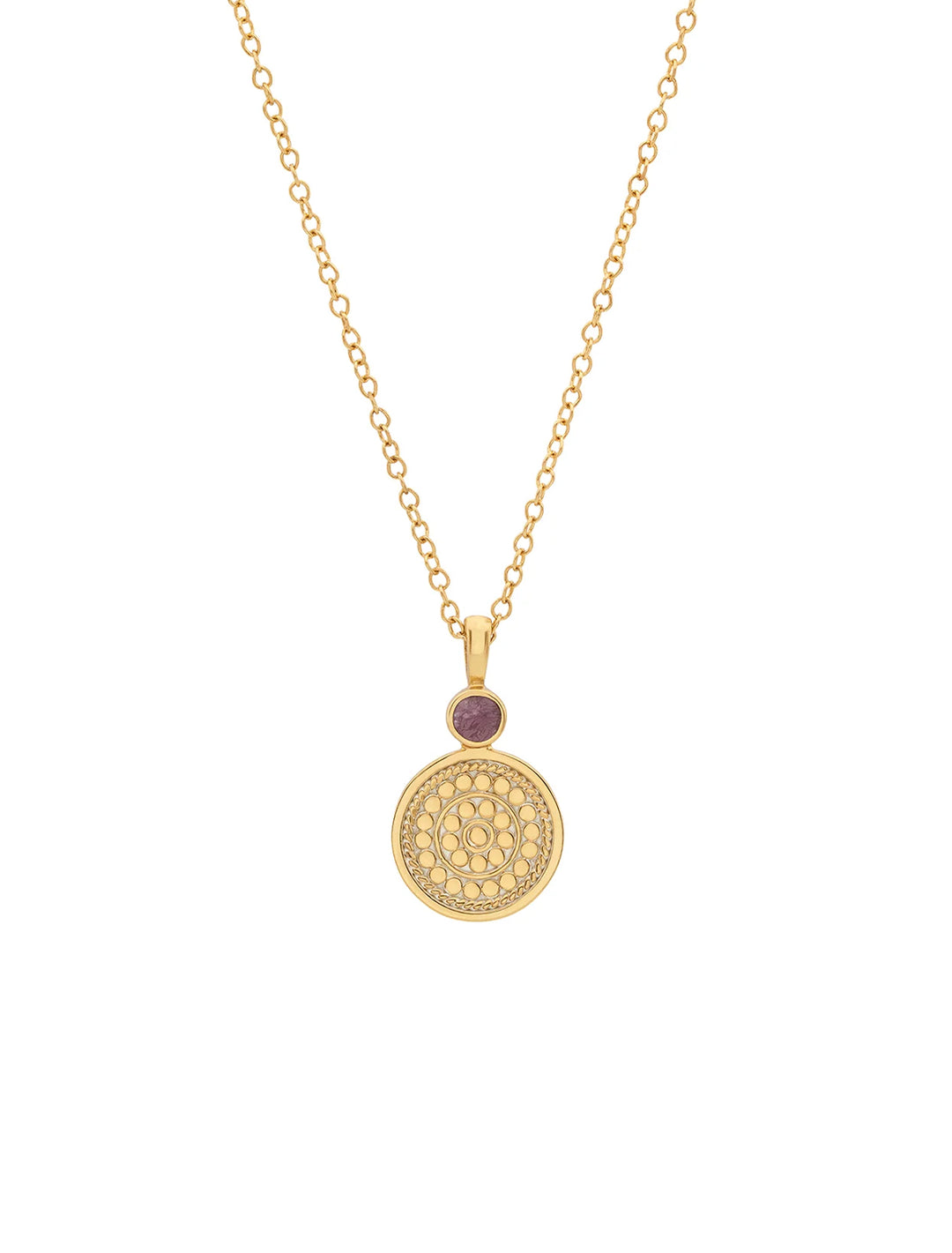 Front view of Anna Beck's pink ruby and circle pendant necklace.