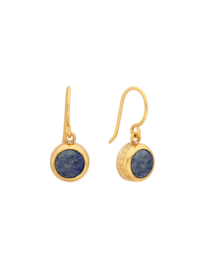 Front view of Anna Beck's dumortierite circle drop earrings.