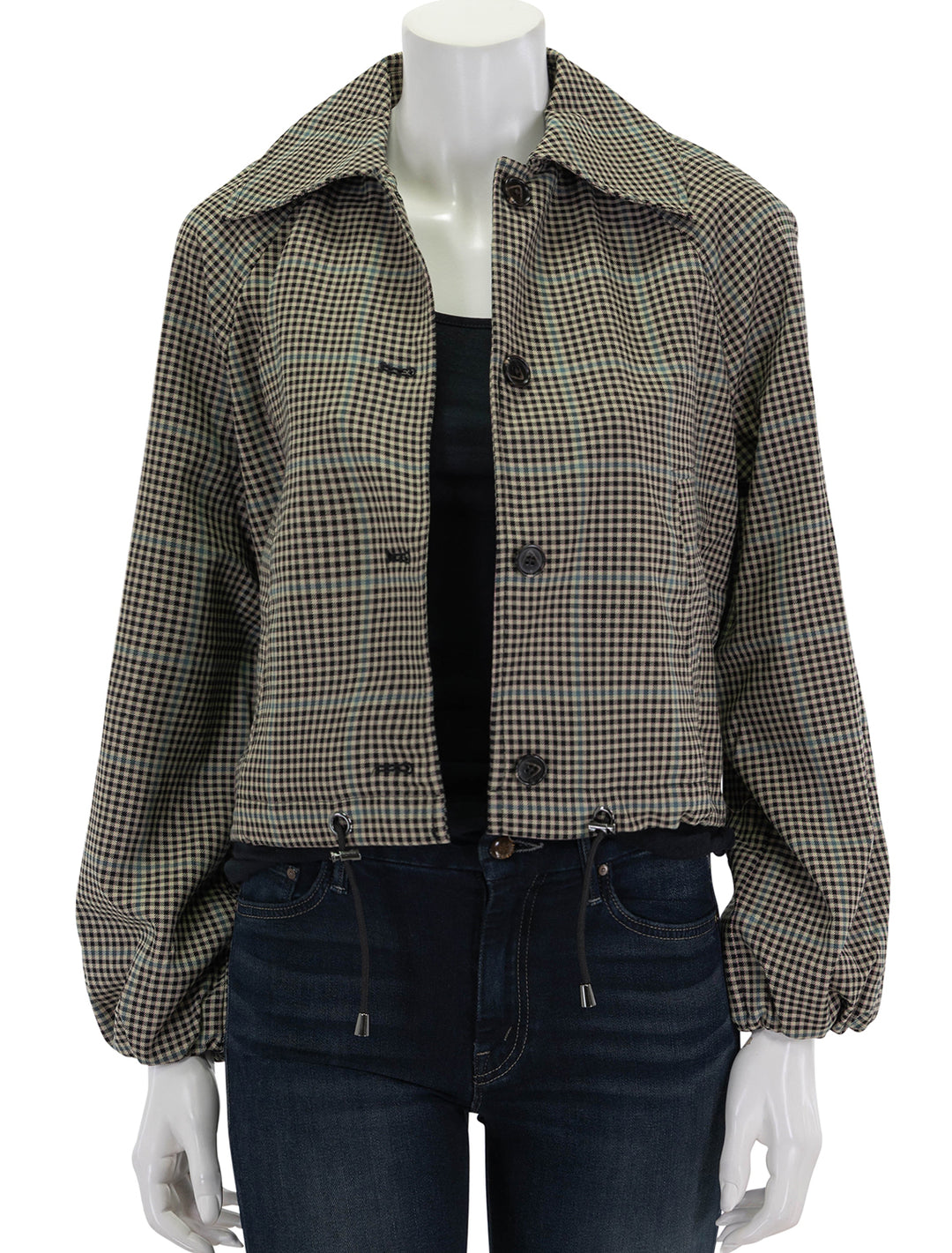 Front view of Rails' north jacket in multi check, unbuttoned.