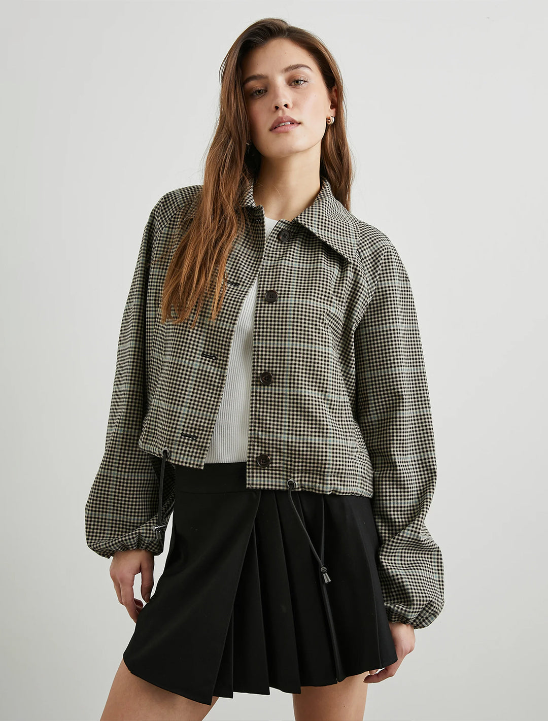 Model wearing Rails' north jacket in multi check.