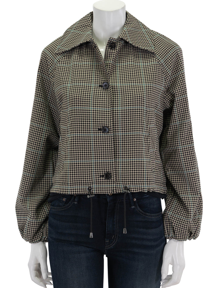 Front view of Rails' north jacket in multi check, buttoned.