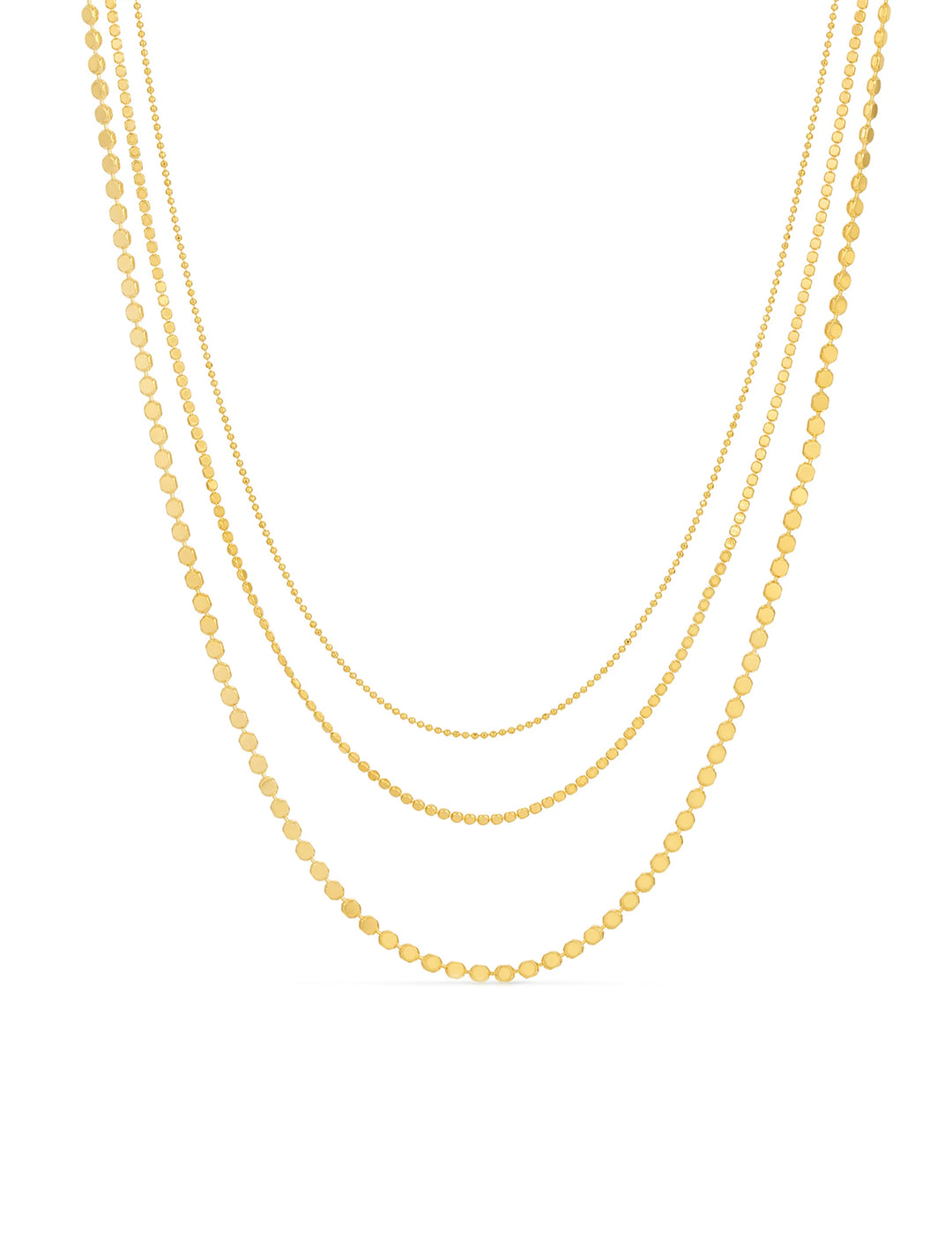 Front view of Joy Dravecky's ball bead trio necklace in gold.