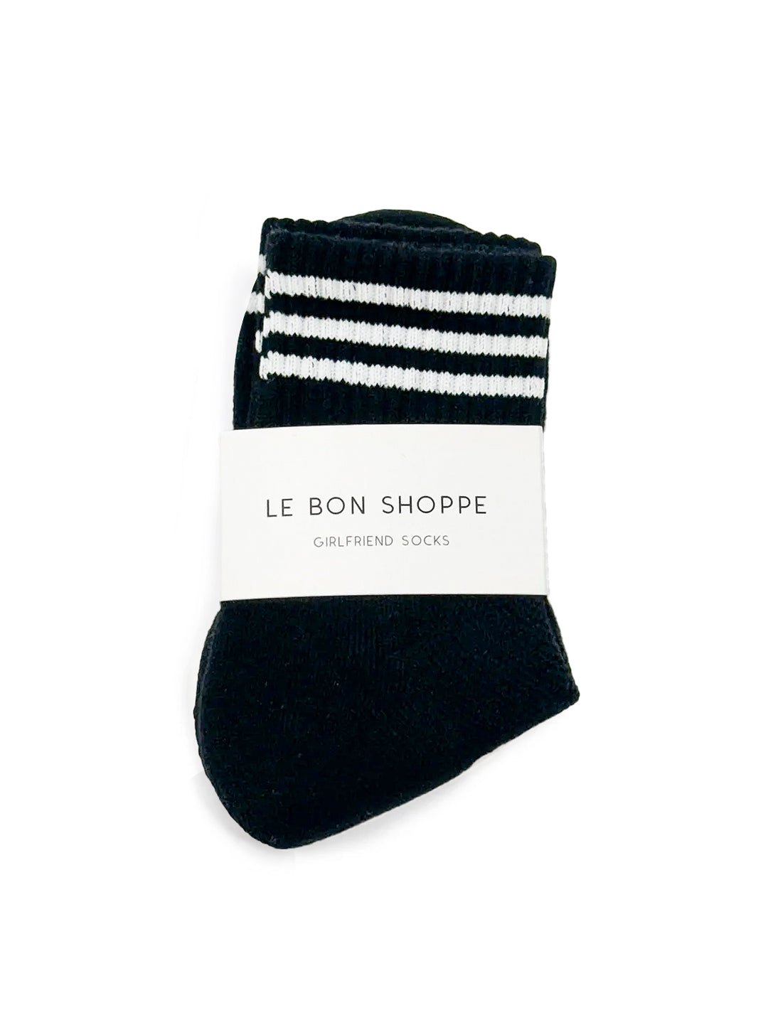 Overhead view of Le Bon Shoppe's girlfriend socks in black.