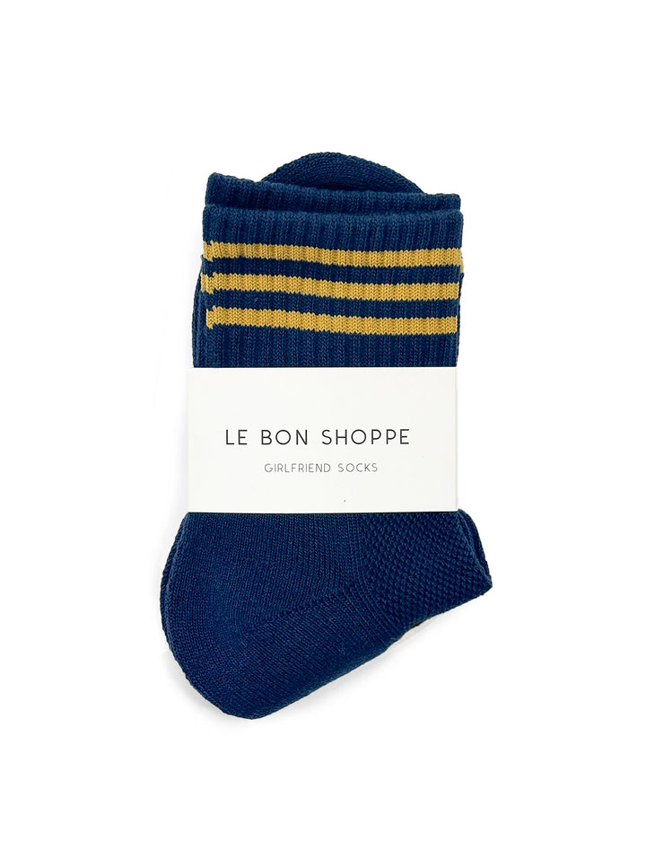 Overhead view of Le Bon Shoppe's girlfriend socks in navy.