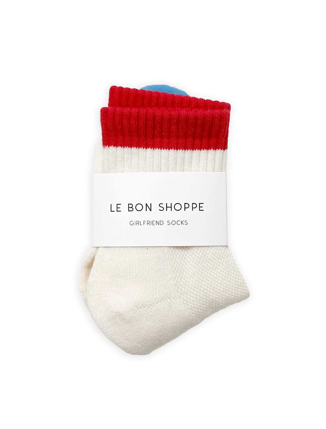 Overhead view of Le Bon Shoppe's color block girlfriend socks in blue and red.