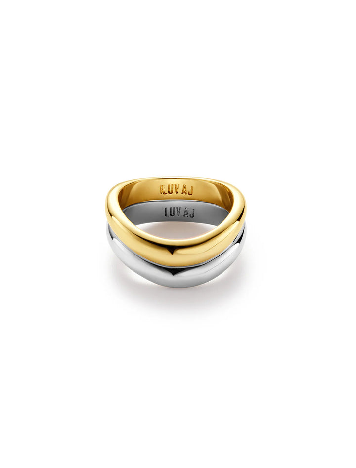 Front angle view of LUV AJ's two tone wave ring set.