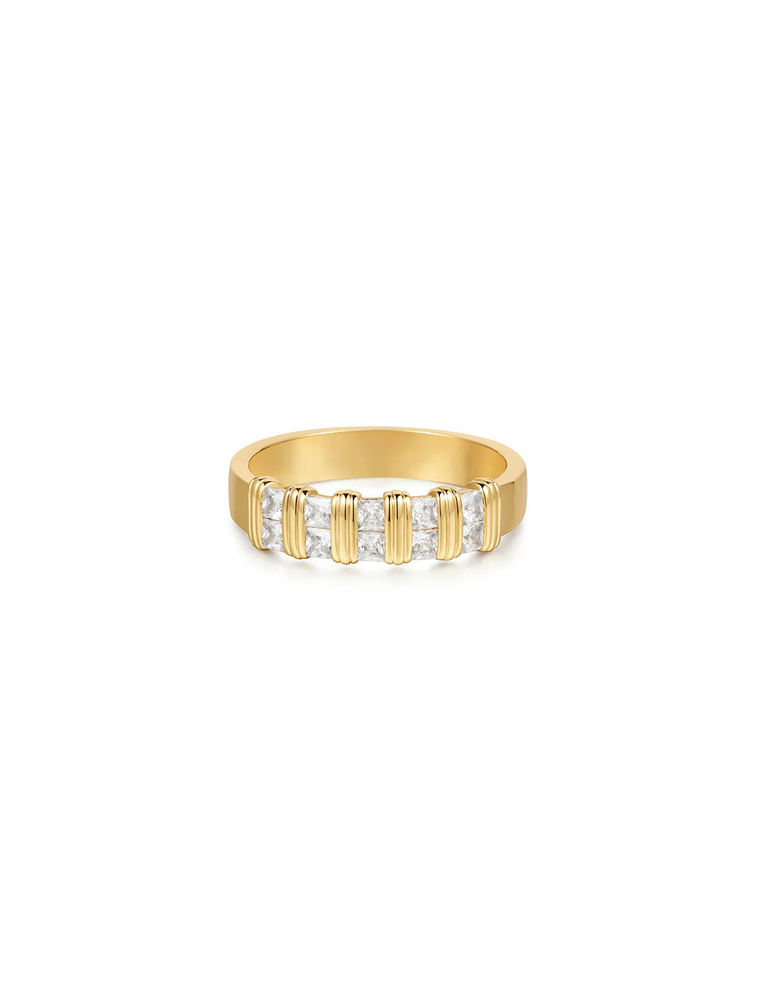 Front view of LUV AJ's remy princess cut band in gold.