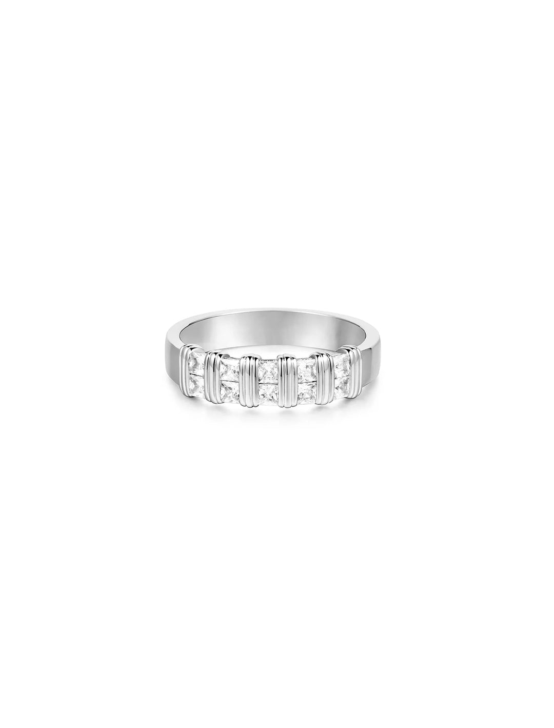 Front view of LUV AJ's remy princess cut band in silver.