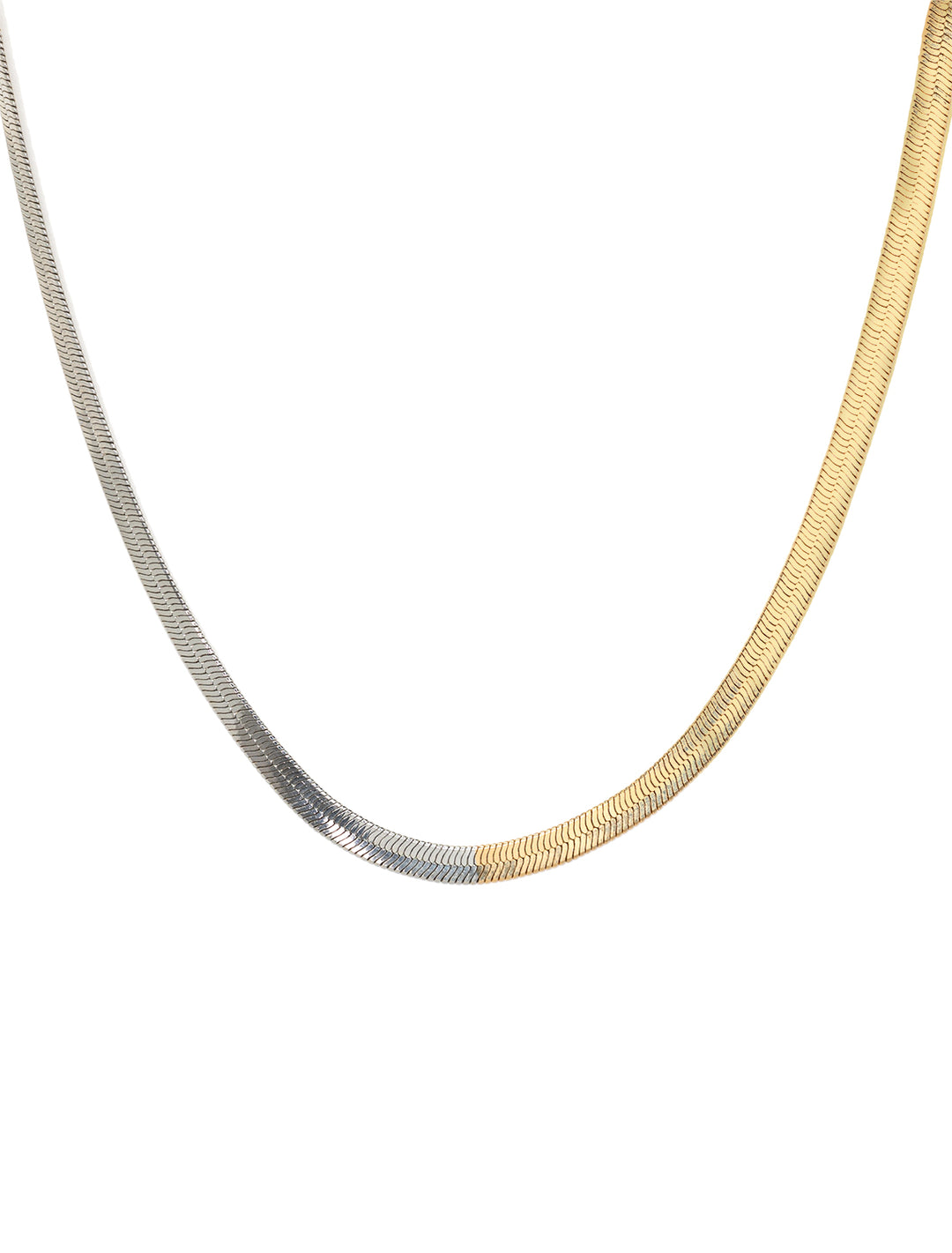 Front view of Jonesy Wood's jennings two tone snake chain necklace.