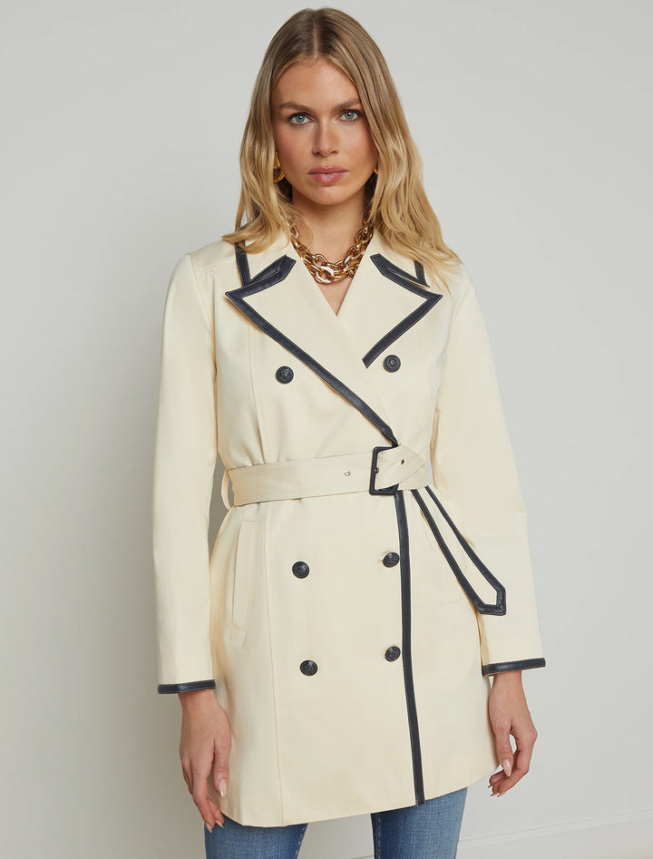 toru leather trim trench in light pearl and midnight