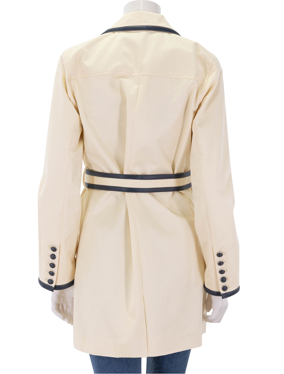 toru leather trim trench in light pearl and midnight