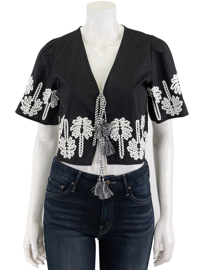 pari top in black and ivory palm trees