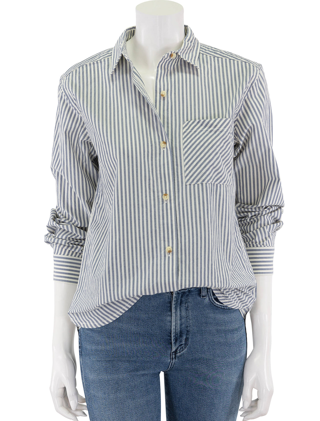 front view of cali poplin shirt in midnight stripe