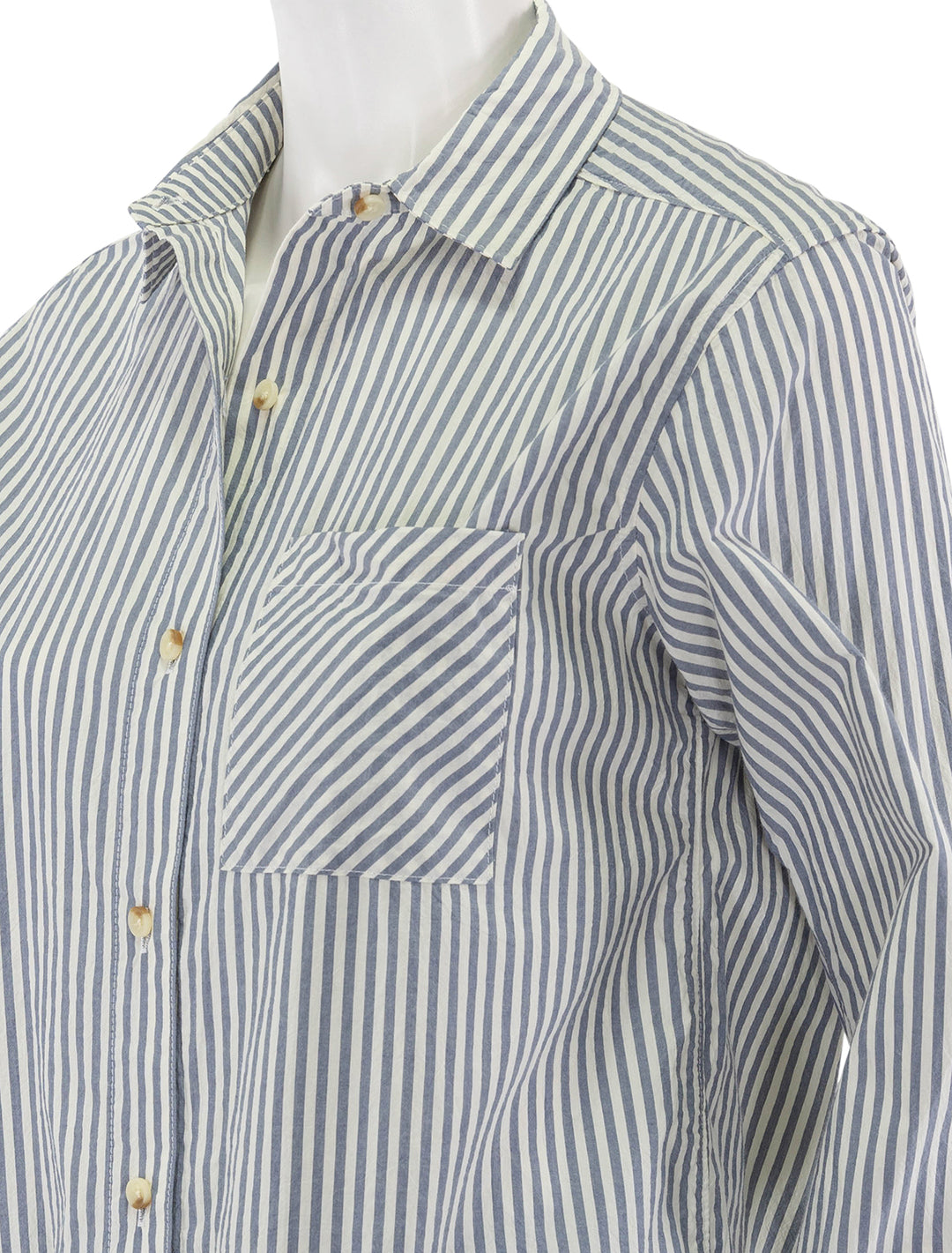 close up view of cali poplin shirt in midnight stripe