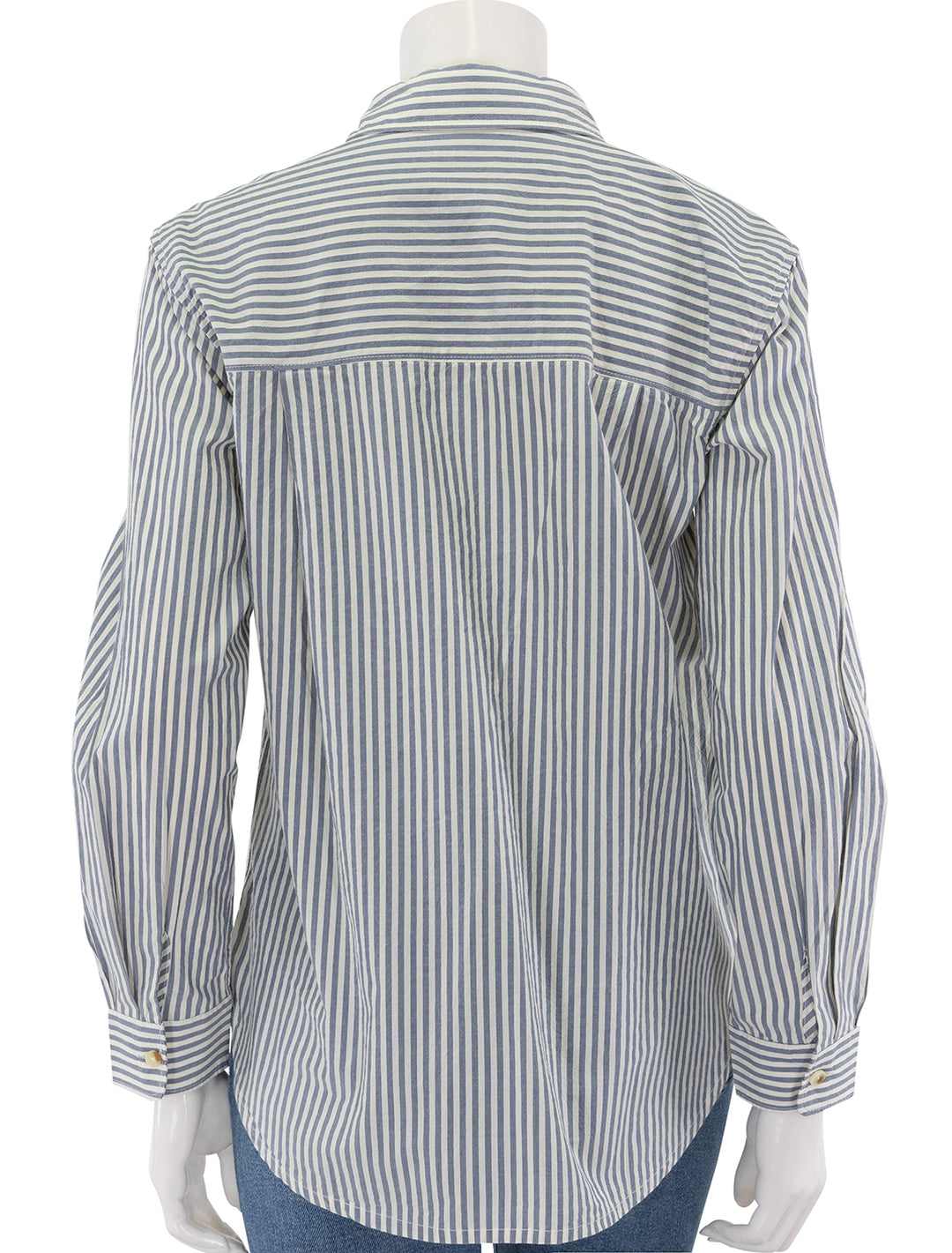 back view of cali poplin shirt in midnight stripe