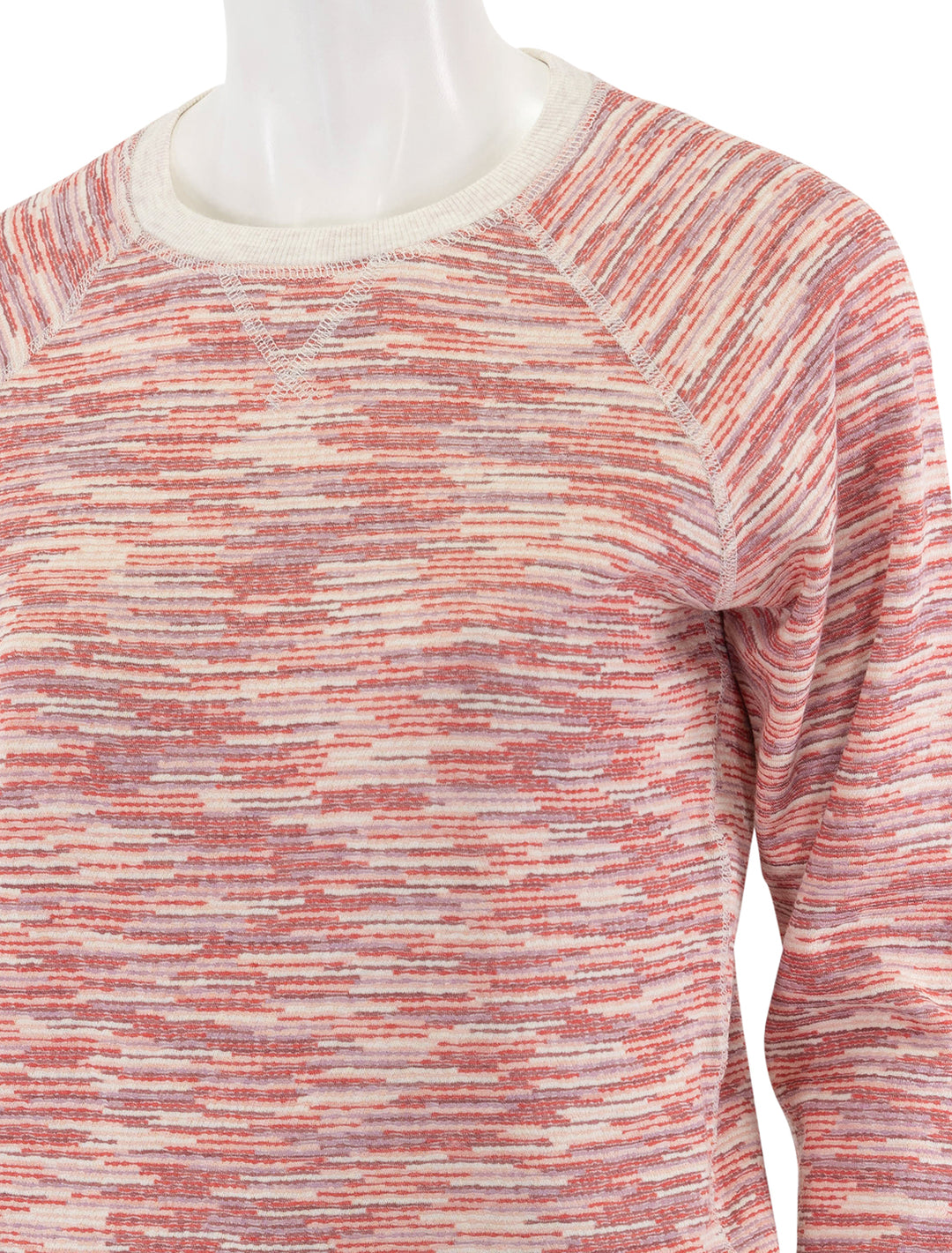 close up view of reversible raglan sweatshirt in rose space dye