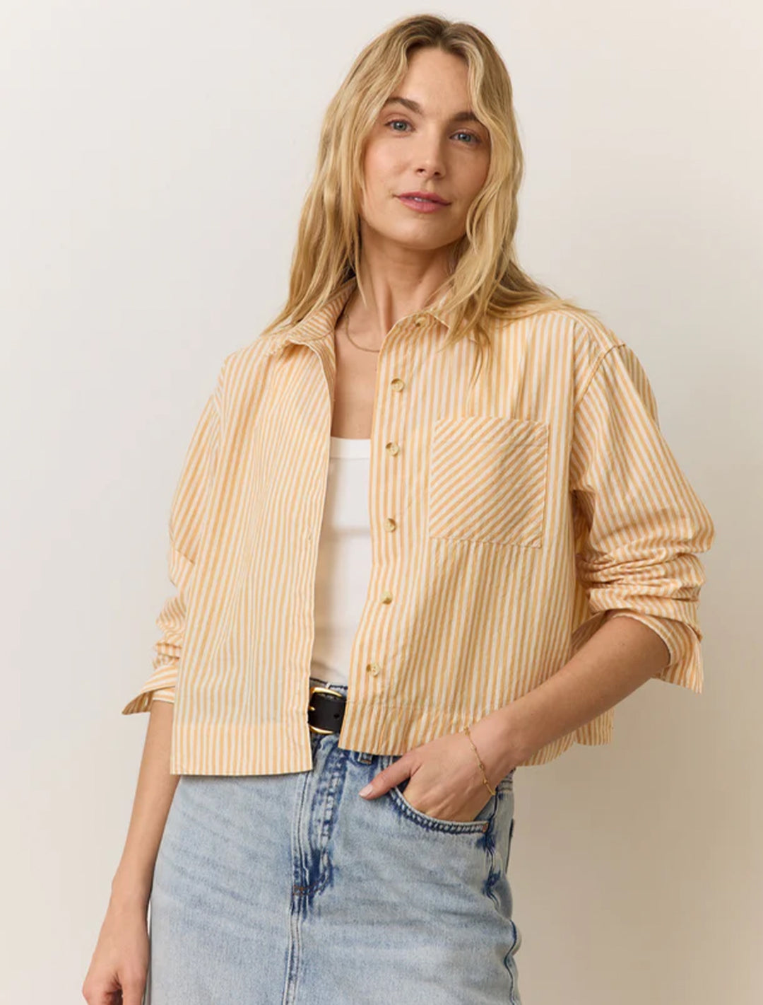 cali poplin cropped shirt in marigold stripe