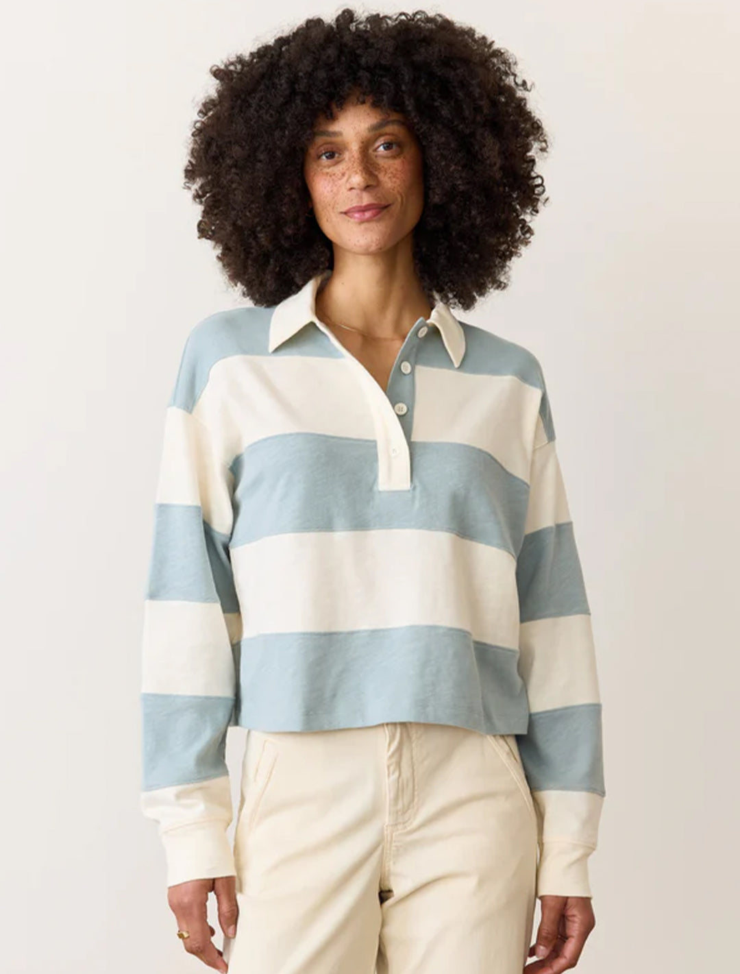 rugby crop polo in faded aqua stripe