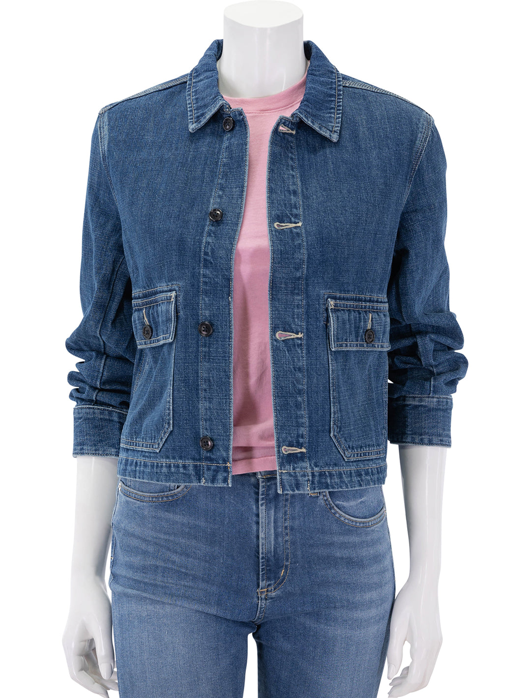 front view of cropped jacket in sapporo wash unbuttoned