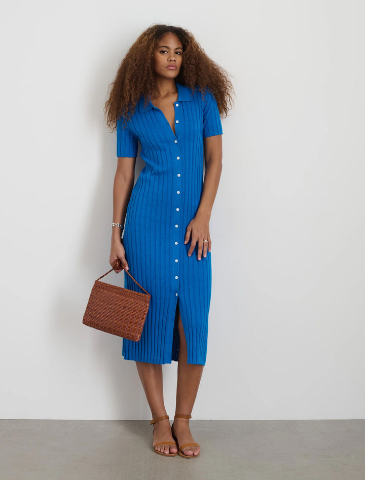 model wearing alice ribbed sweater dress in cerulean blue