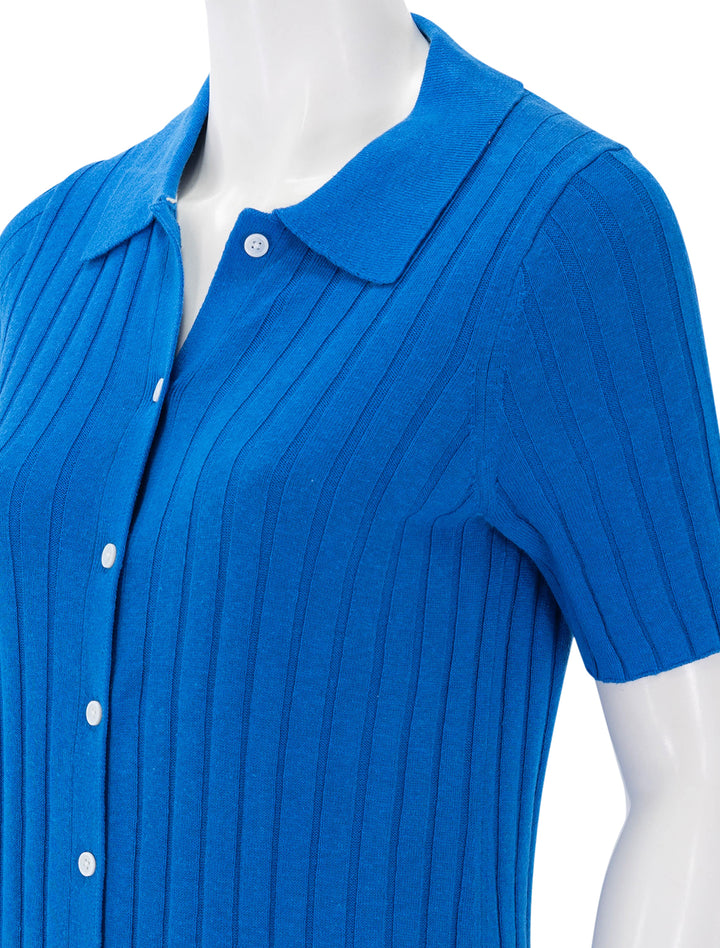 close up view of alice ribbed sweater dress in cerulean blue