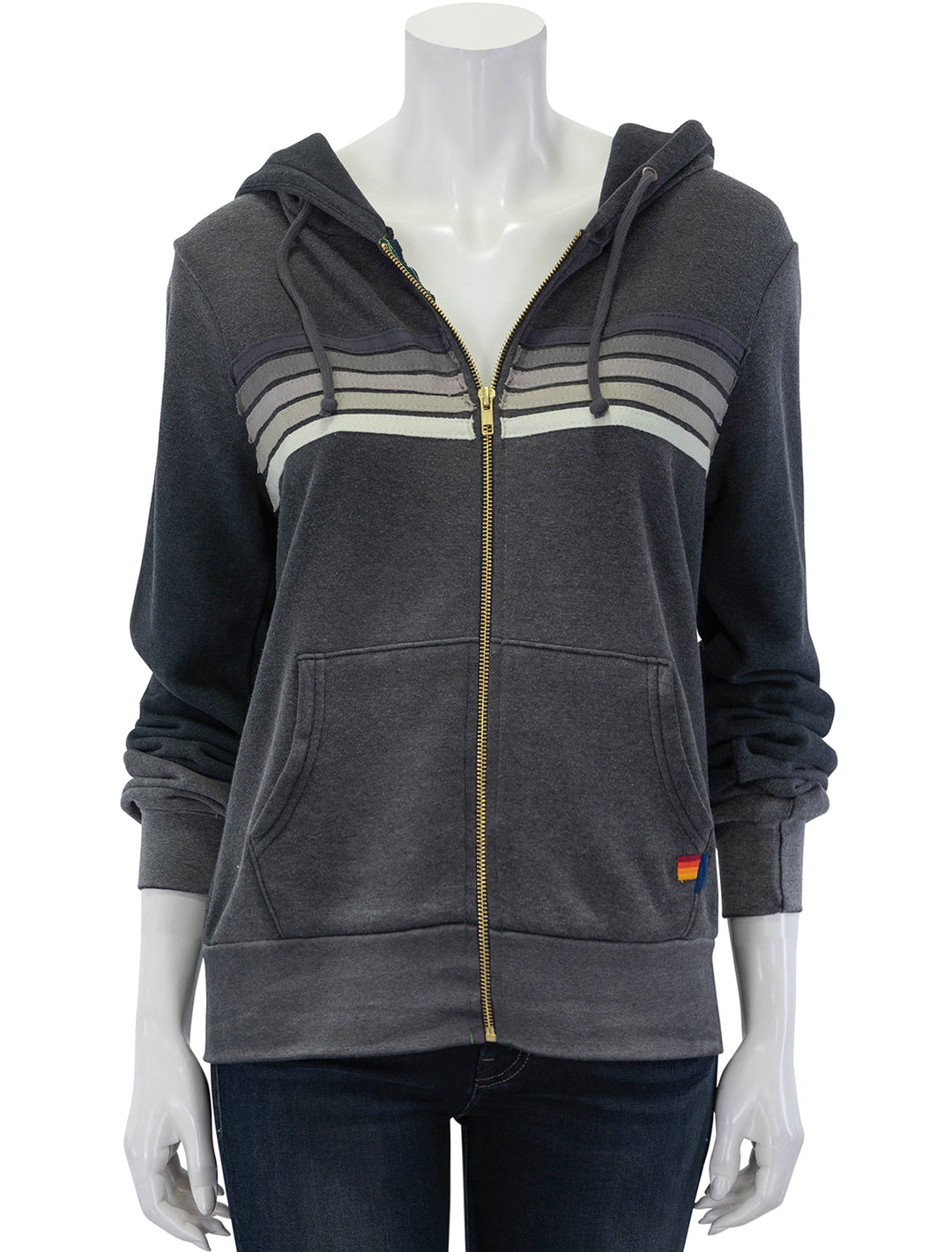 Front view of Aviator Nation's 5 stripe zip hoodie in faded smoke.