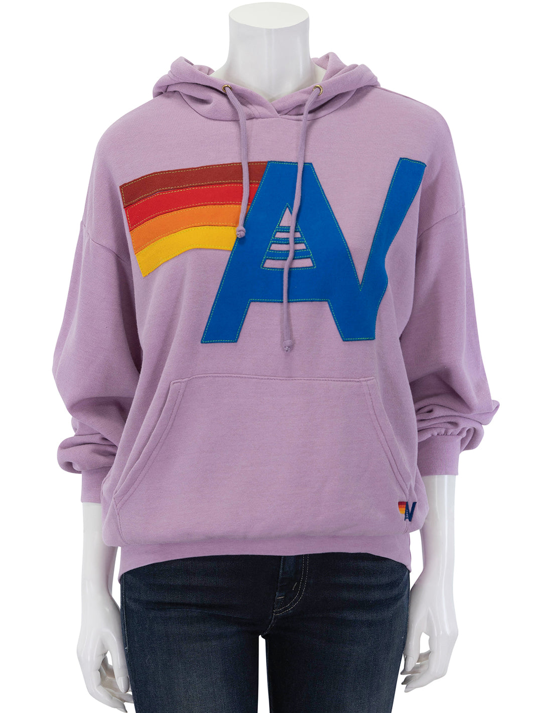 Front view of Aviator Nation's logo stitch pullover hoodie in mauve.