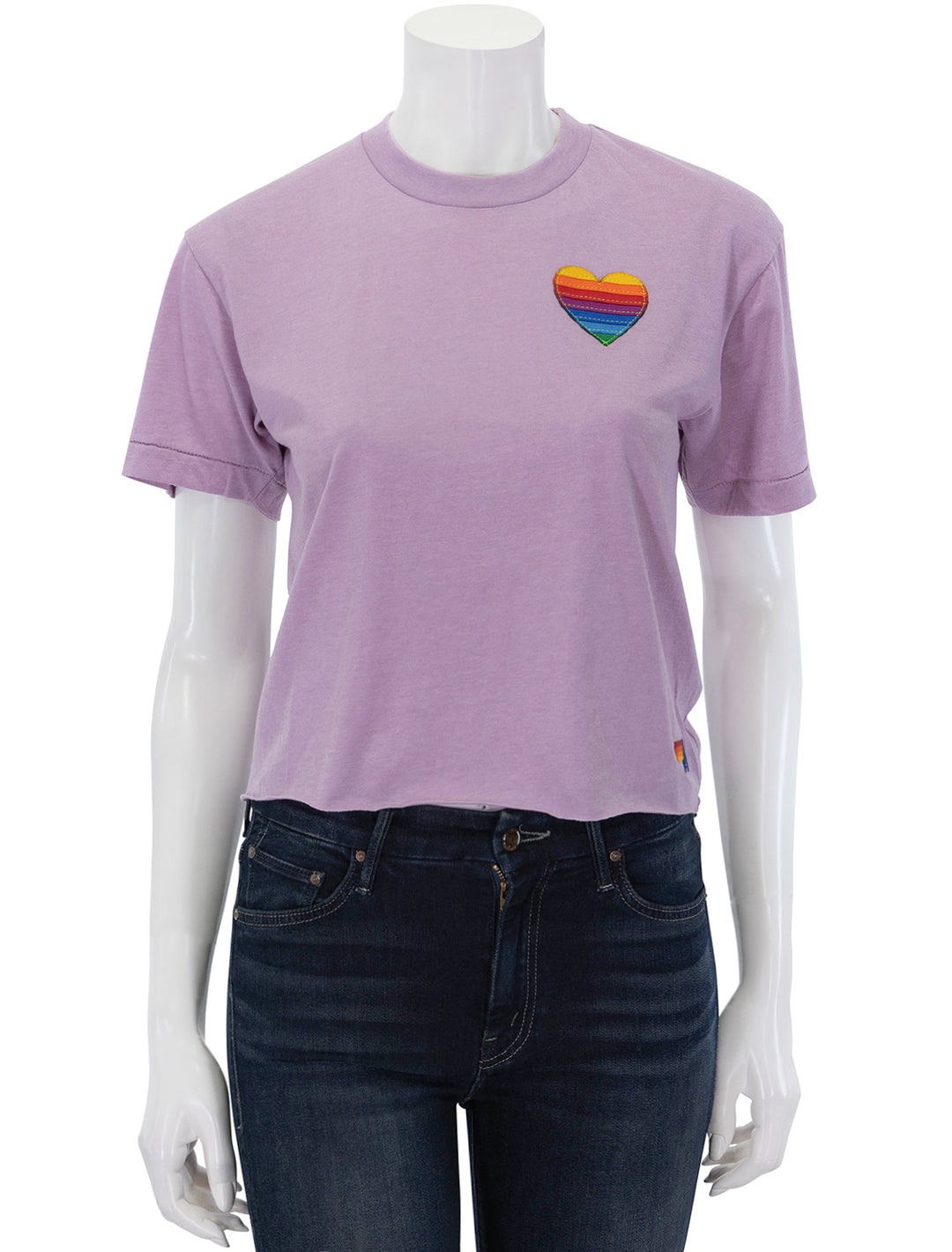 Front view of Aviator Nation's rainbow heart stitch boyfriend tee in mauve.