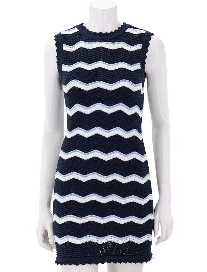 templeton dress in navy, off-white, and bluebell stripe