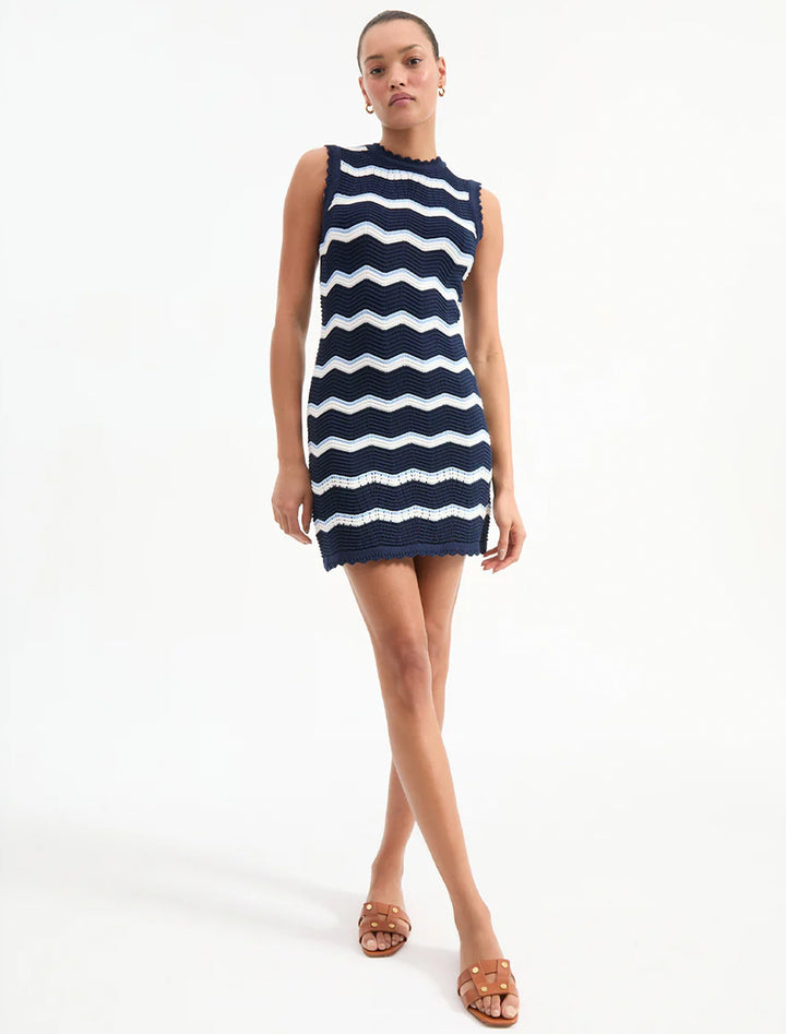 templeton dress in navy, off-white, and bluebell stripe