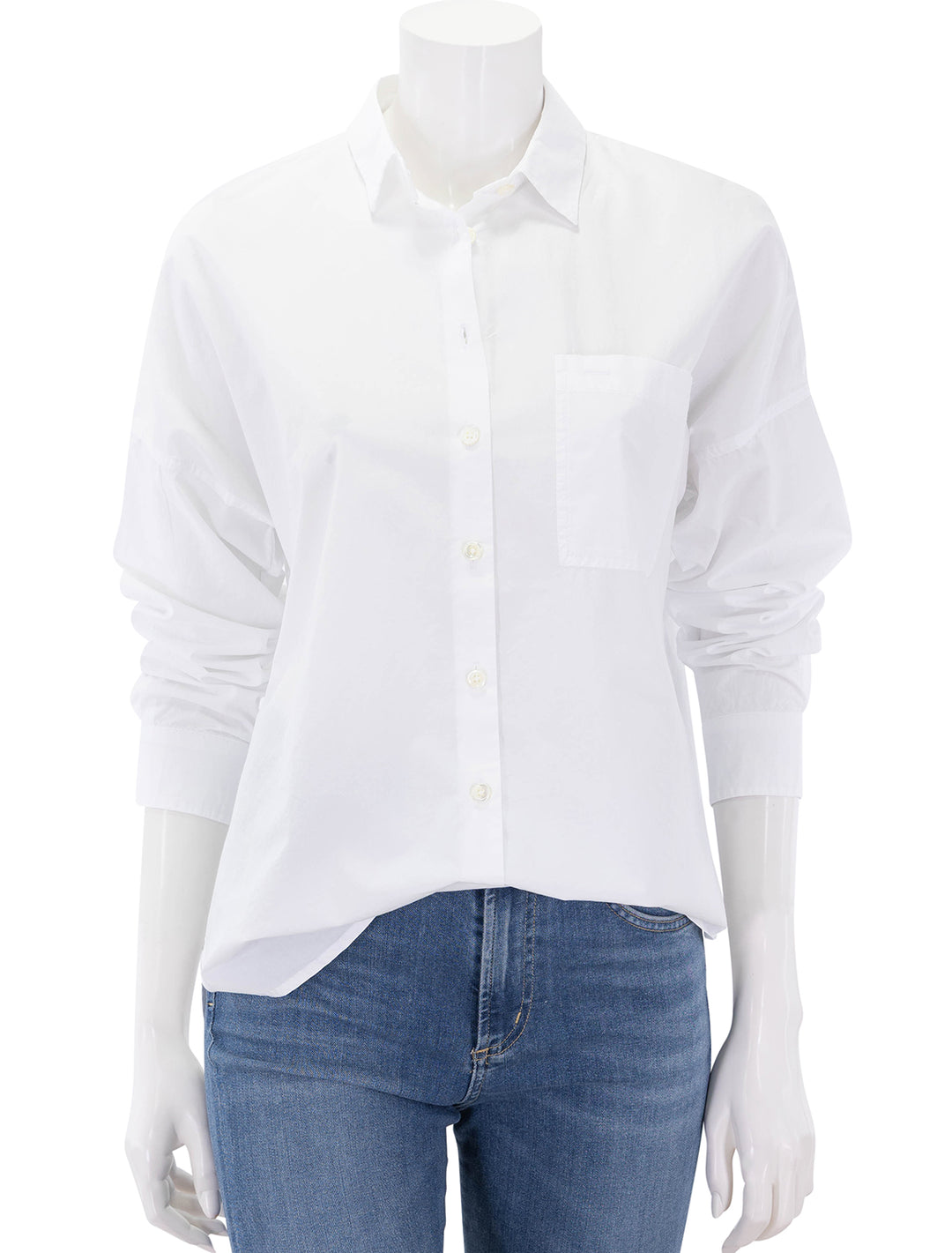 front view of jo shirt in white paper poplin