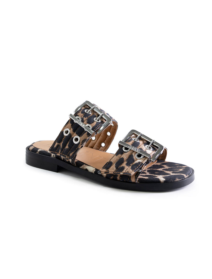 feminine buckle two strap sandal in leopard denim