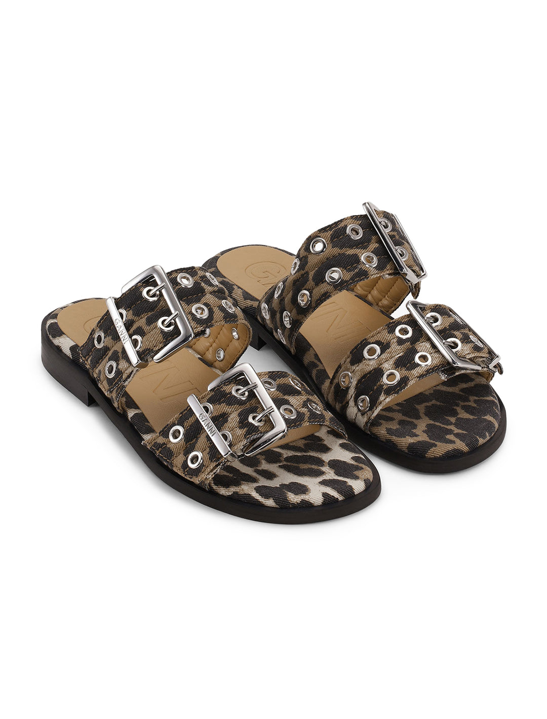 feminine buckle two strap sandal in leopard denim