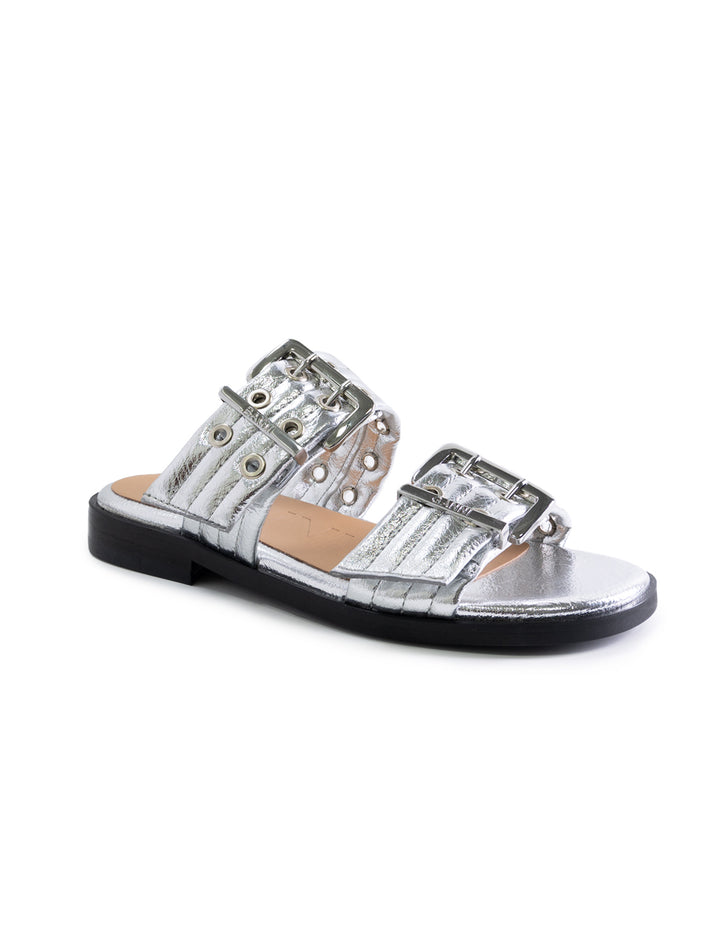 feminine buckle two strap sandal in metallic silver