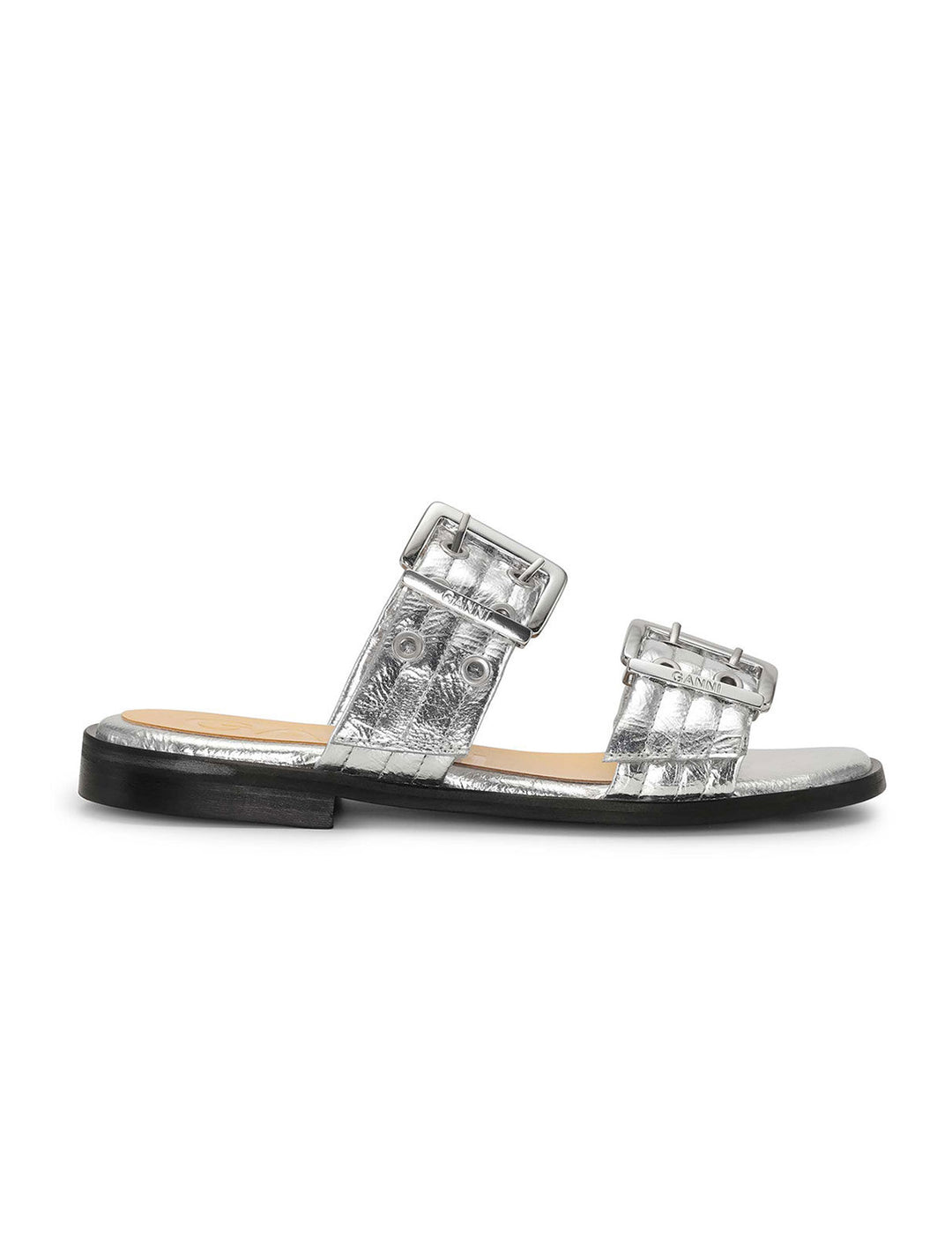 feminine buckle two strap sandal in metallic silver