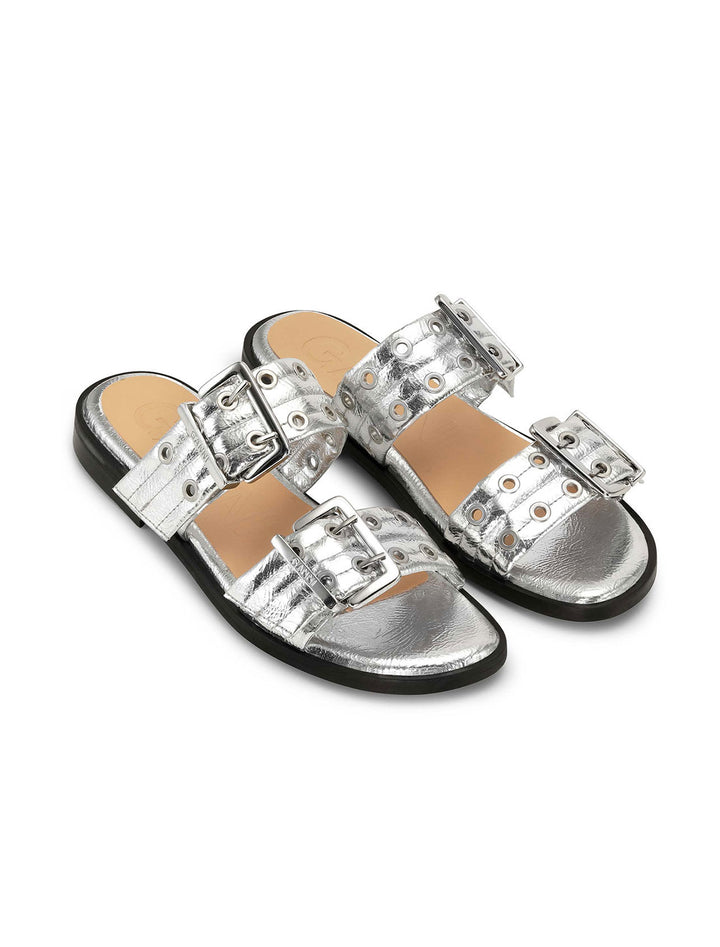 feminine buckle two strap sandal in metallic silver