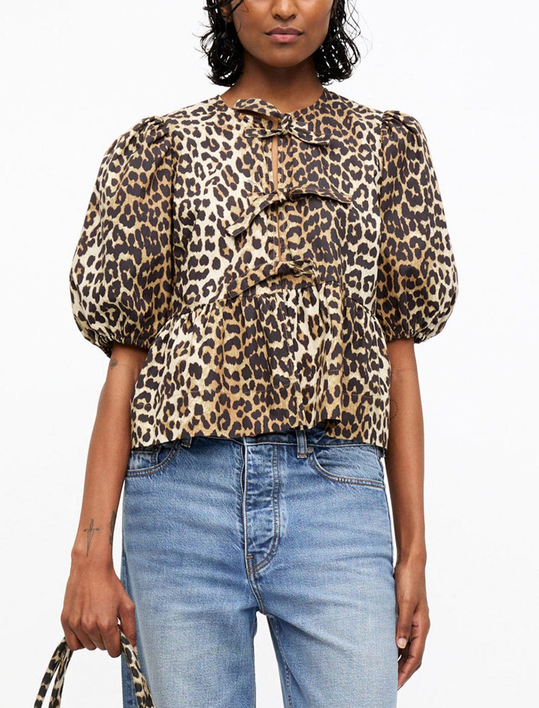 leopard printed poplin peplum blouse