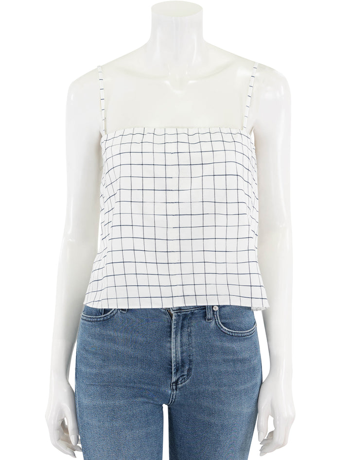 trellis plaid tie back top in off white and navy