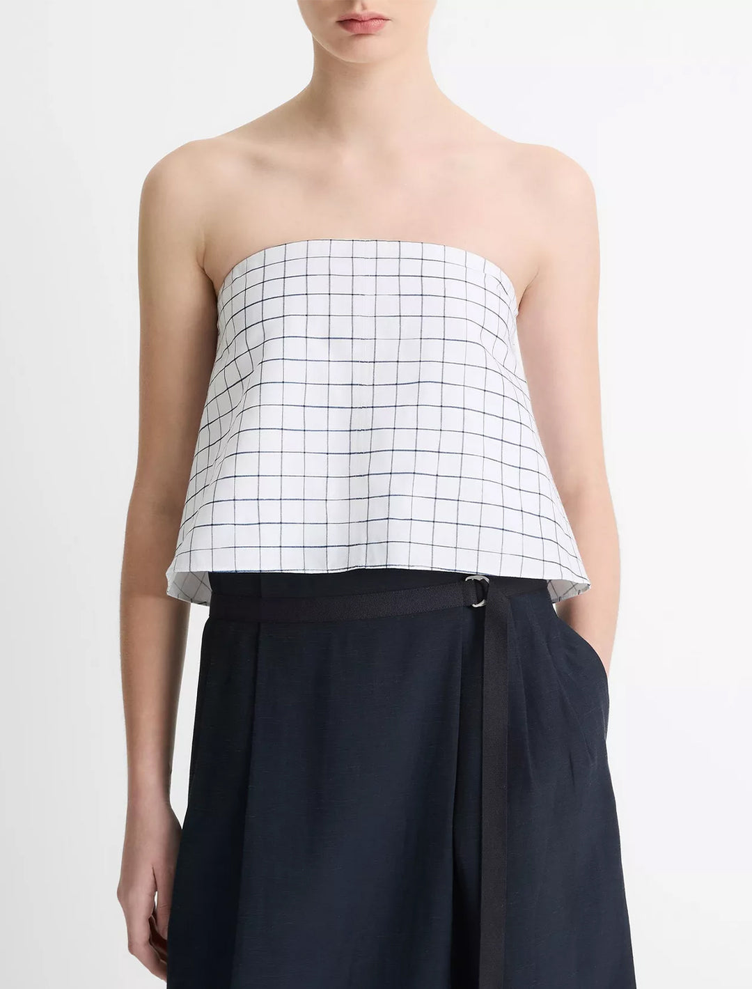 trellis plaid tie back top in off white and navy