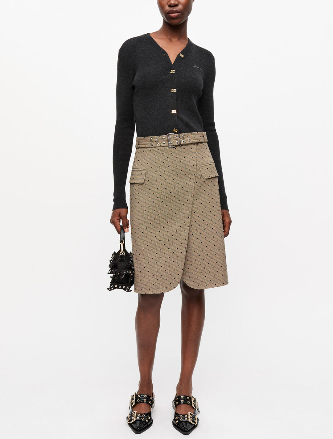 flock check suiting skirt in tiger's eye