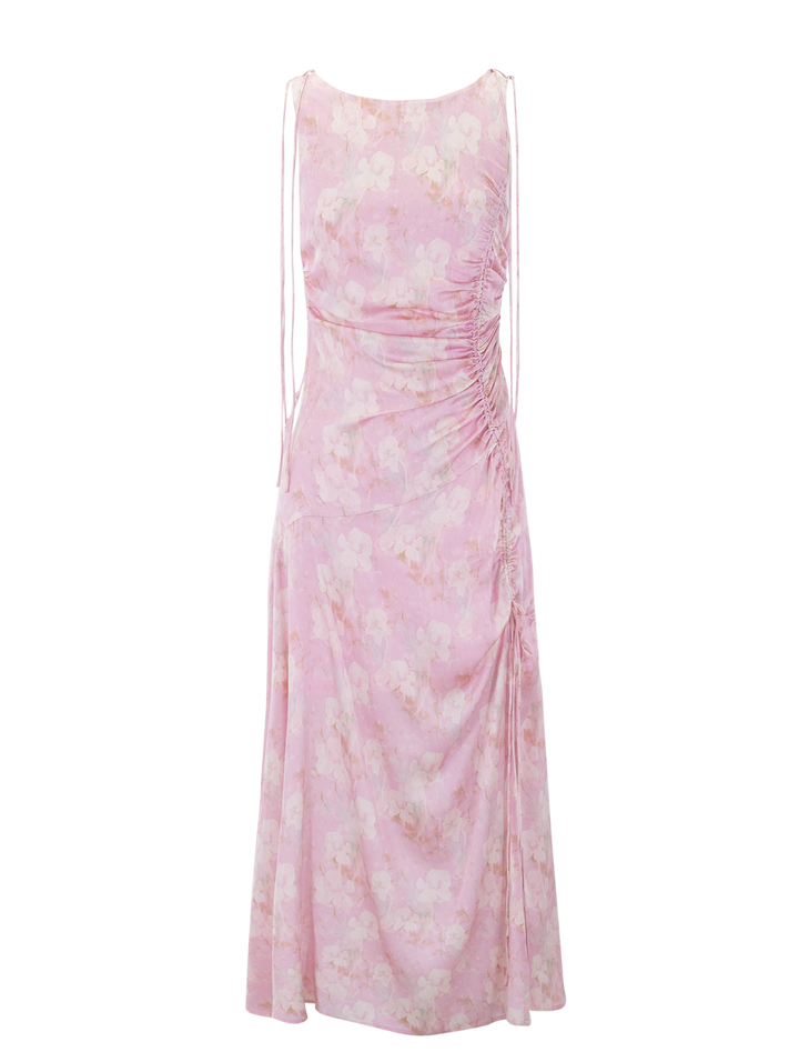 printed gathered long dress in primrose pink