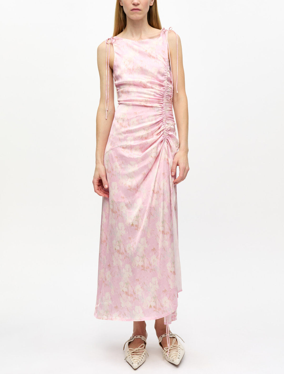 printed gathered long dress in primrose pink