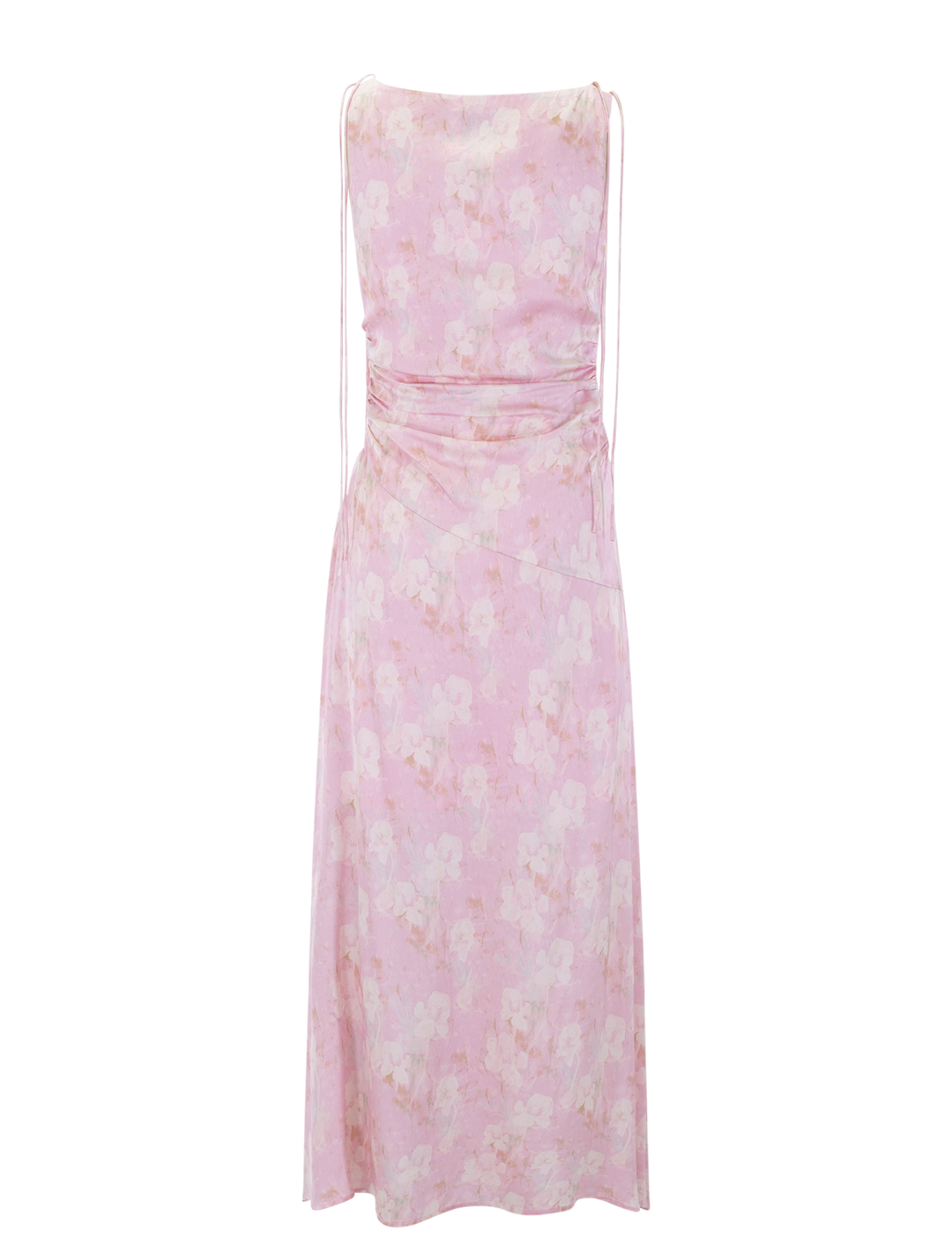 printed gathered long dress in primrose pink