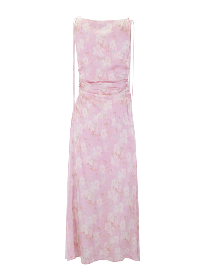 printed gathered long dress in primrose pink