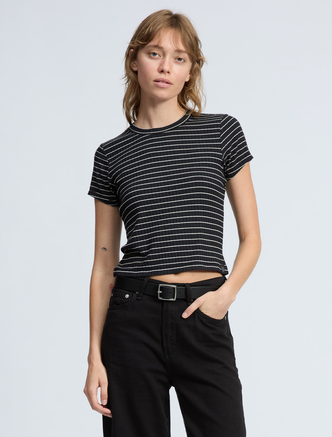 luca stripe rib baby tee in black multi stripe