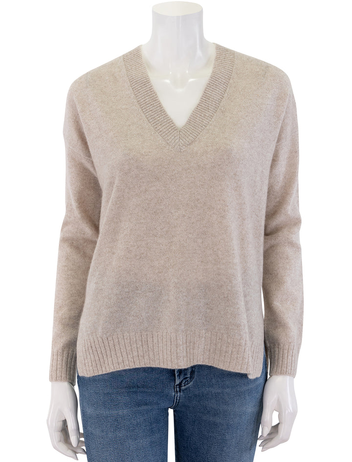 front view of cashmere long and lean v neck sweater in ecru