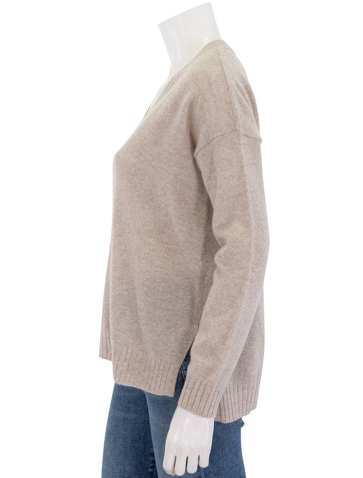 side view of cashmere long and lean v neck sweater in ecru