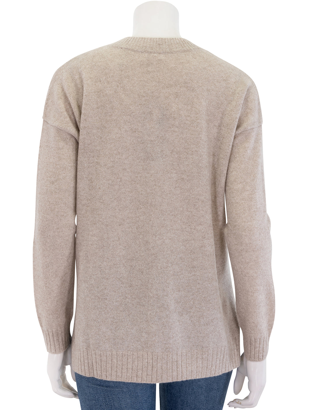 back view of cashmere long and lean v neck sweater in ecru